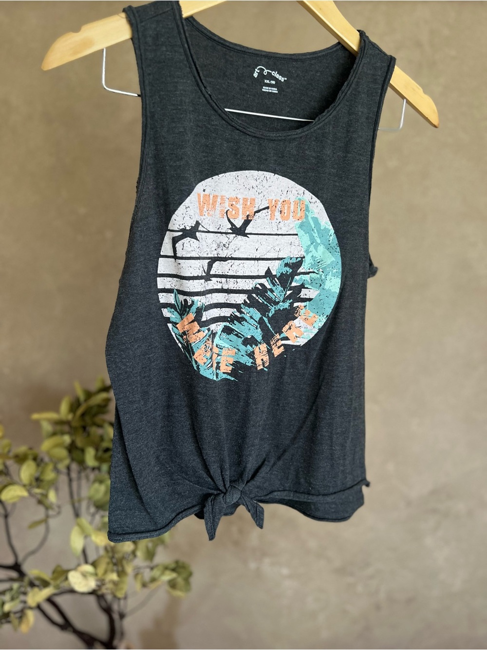 Wish You Were Here Graphic Tie-Front Tank Top Heathered Dark Grey